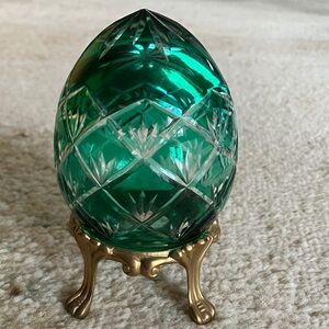 Vintage Cut Bohemian Czech Glass Emerald Green and Gold Tone Base